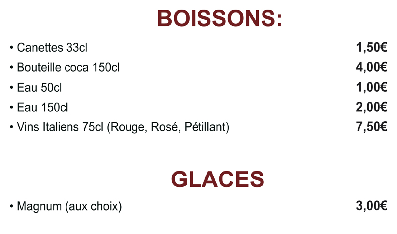 Vins / Boissons / Glaces
